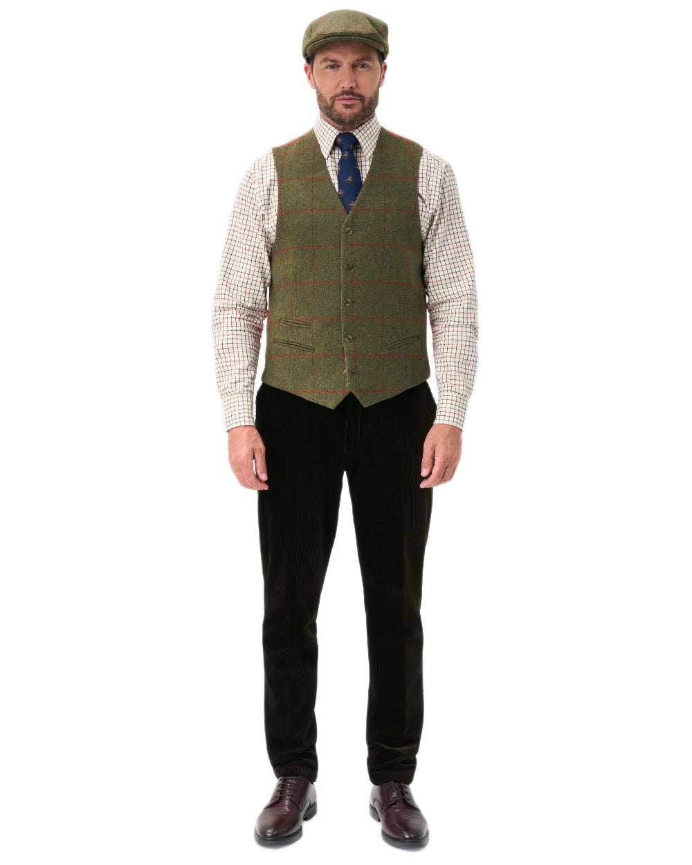 Reed coloured Alan Paine Mens Combrook Tweed Lined Back Waistcoat on white background 