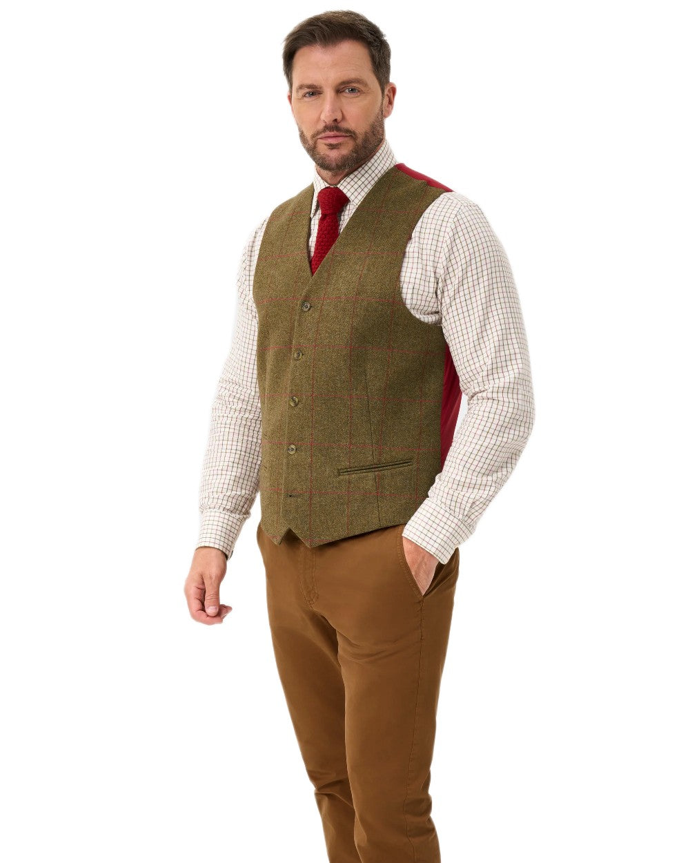 Sage coloured Alan Paine Mens Combrook Tweed Lined Back Waistcoat on white background 