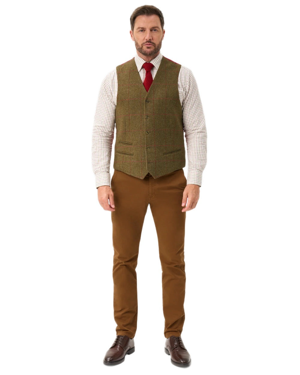 Sage coloured Alan Paine Mens Combrook Tweed Lined Back Waistcoat on white background 