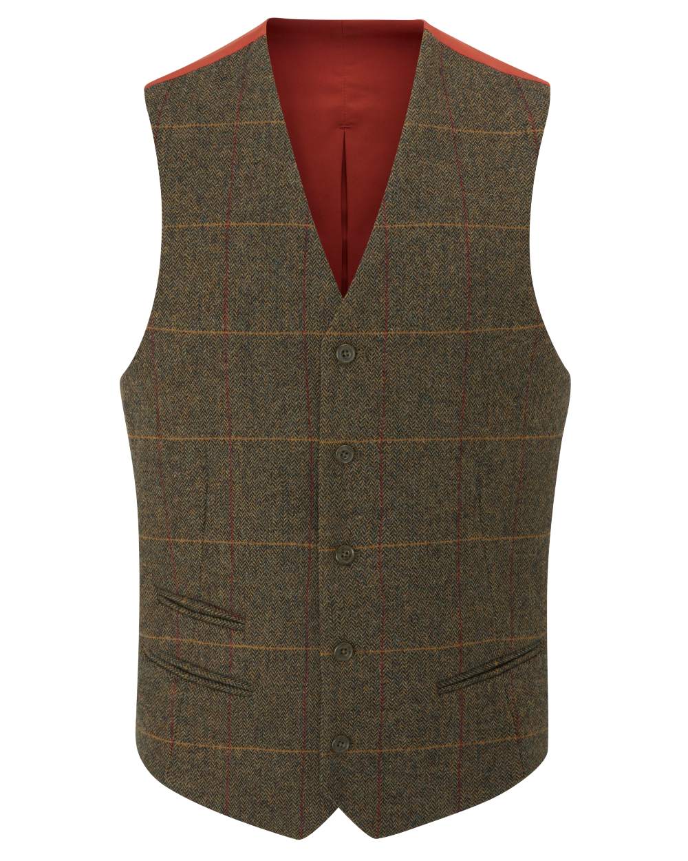 Teak coloured Alan Paine Mens Combrook Tweed Lined Back Waistcoat on blurry background 