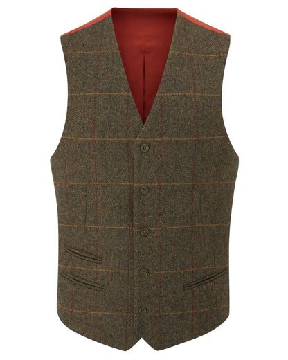 Teak coloured Alan Paine Mens Combrook Tweed Lined Back Waistcoat on blurry background 