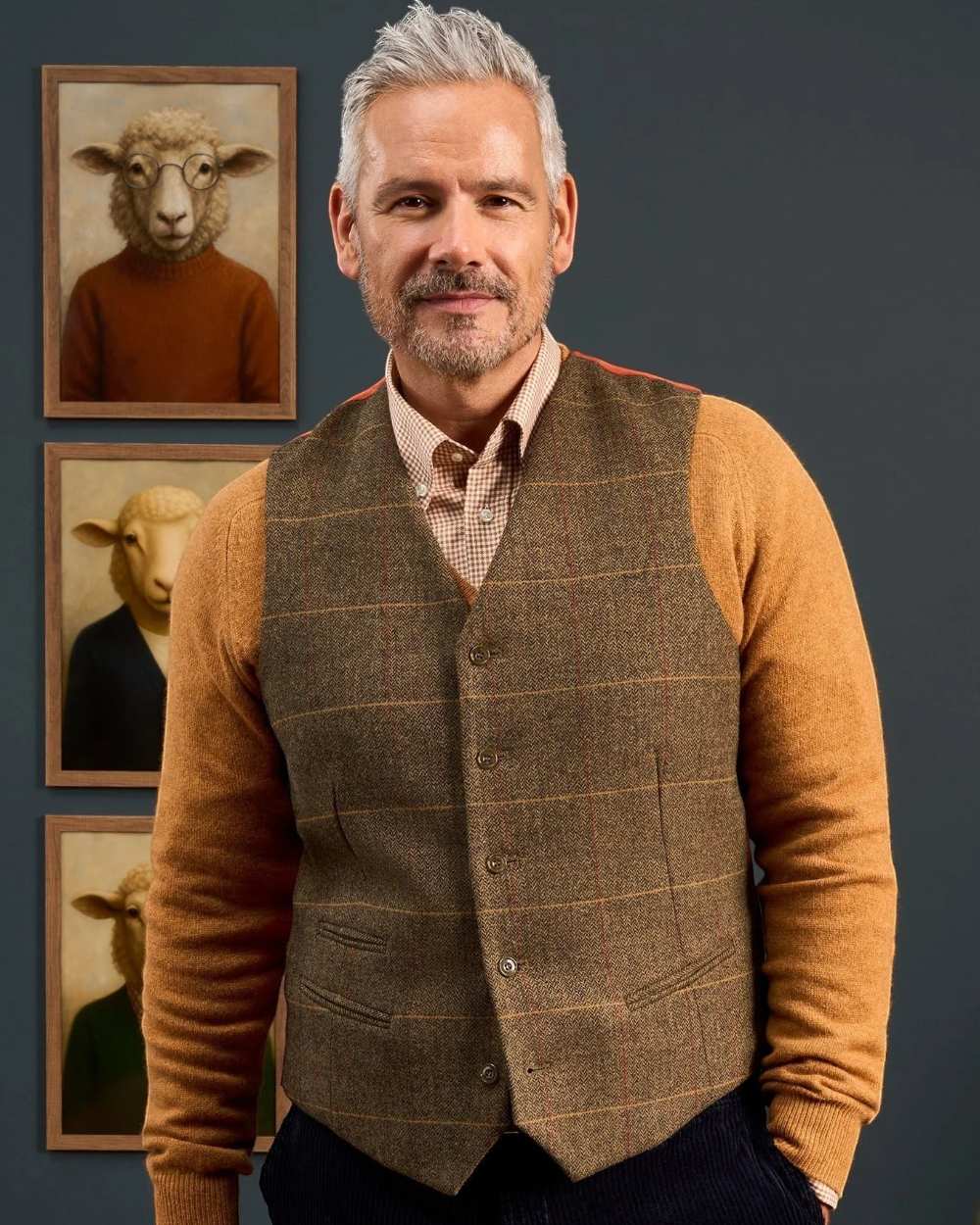 Teak coloured Alan Paine Mens Combrook Tweed Lined Back Waistcoat on indoor background 