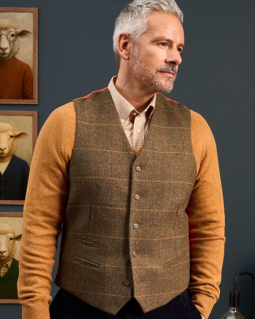 Teak coloured Alan Paine Mens Combrook Tweed Lined Back Waistcoat on indoor background 