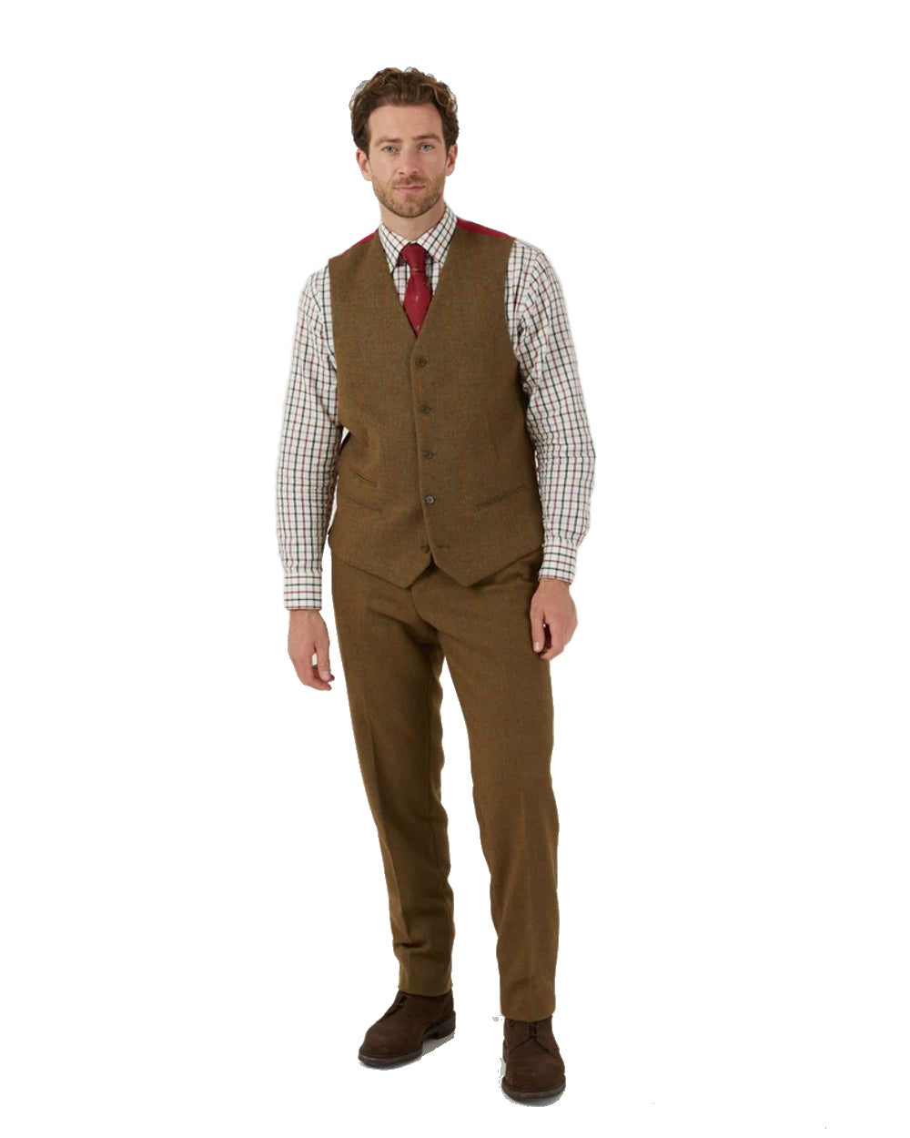 Hawthorn coloured Alan Paine Mens Combrook Tweed Lined Back Waistcoat on white background 