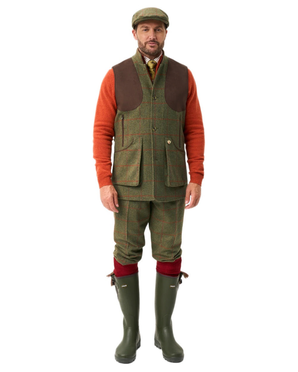 Reed coloured Alan Paine Mens Combrook Tweed Shooting Gilet on white background 