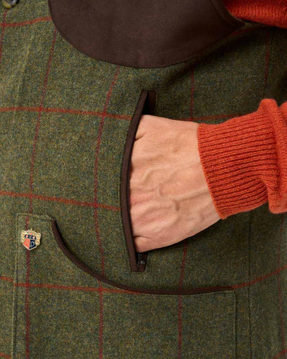 Reed coloured Alan Paine Mens Combrook Tweed Shooting Gilet on white background 