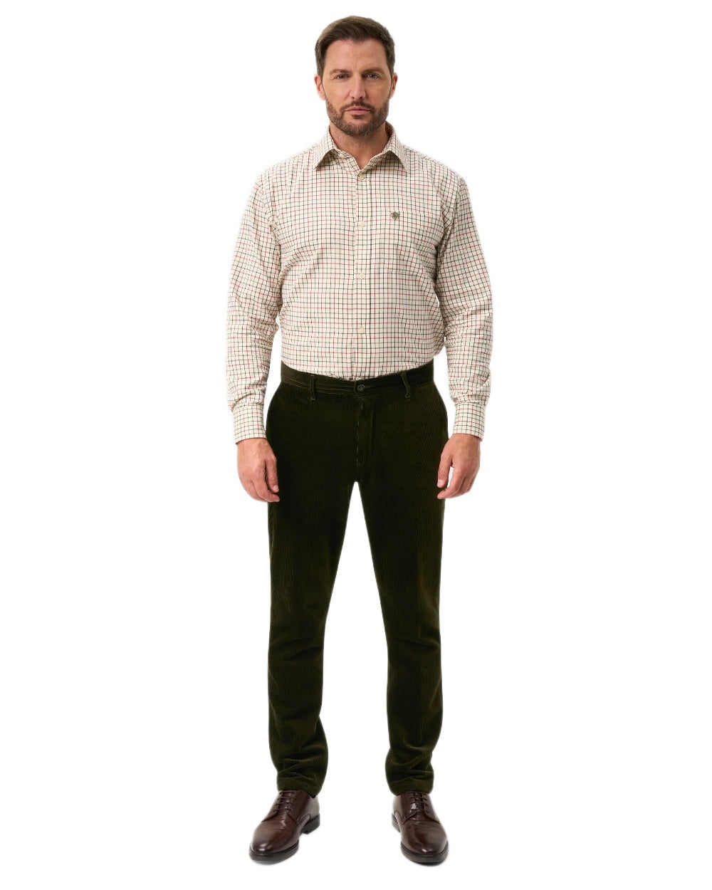 Olive coloured Alan Paine Mens Cord Trousers on white background 