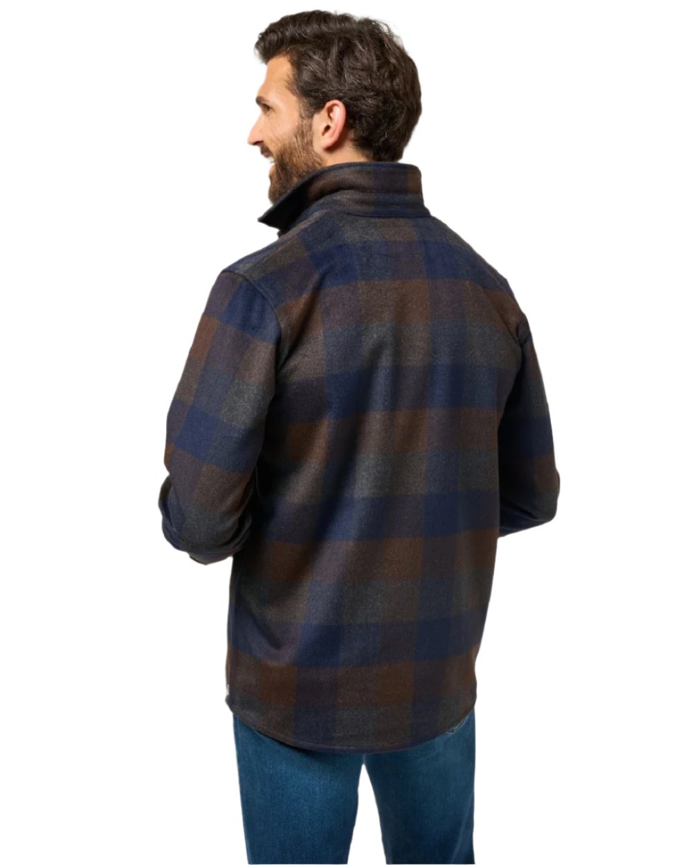 Navy coloured Alan Paine Mens Ripley Plaid Shacket on white background 