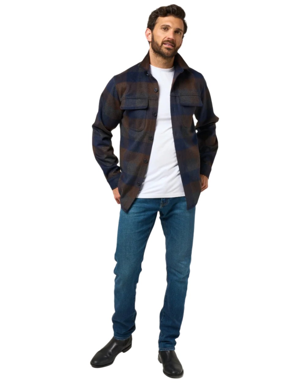 Navy coloured Alan Paine Mens Ripley Plaid Shacket on white background 