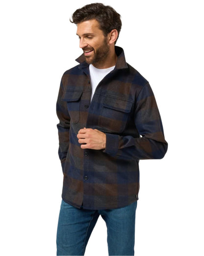 Navy coloured Alan Paine Mens Ripley Plaid Shacket on white background 