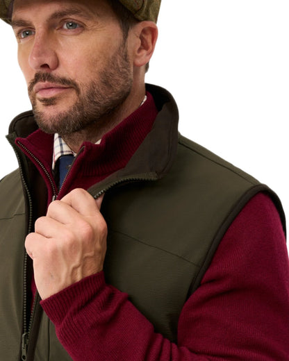 Olive coloured Alan Paine Mens Willsden Water Repellent Gilet on white background 