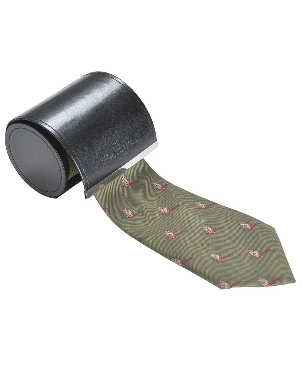 Olive coloured Alan Paine Ripon Silk Tie Flying Pheasants on white background 
