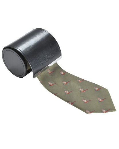 Olive coloured Alan Paine Ripon Silk Tie Flying Pheasants on white background 