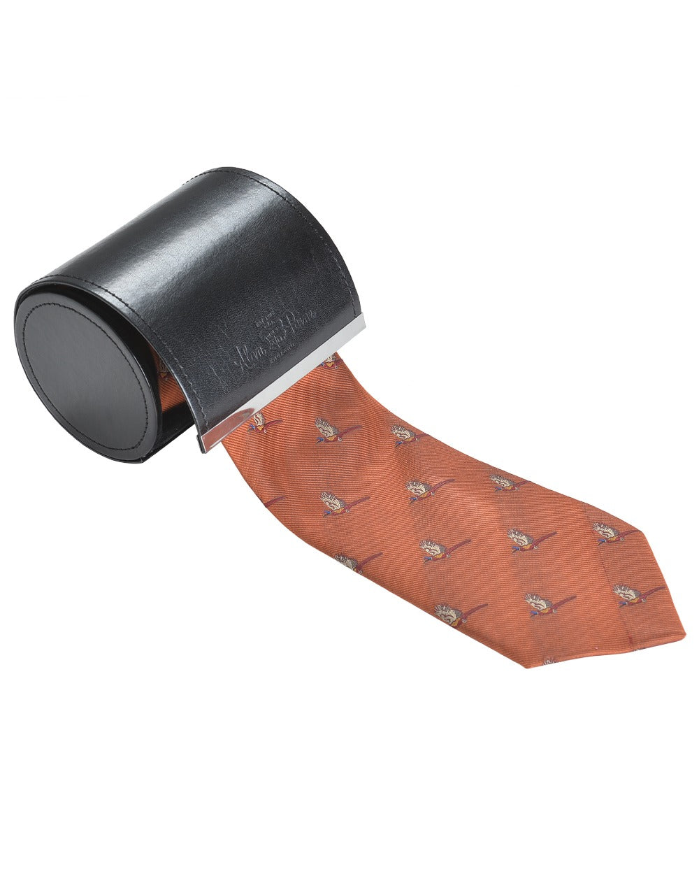 Rust coloured Alan Paine Ripon Silk Tie Flying Pheasants on white background 