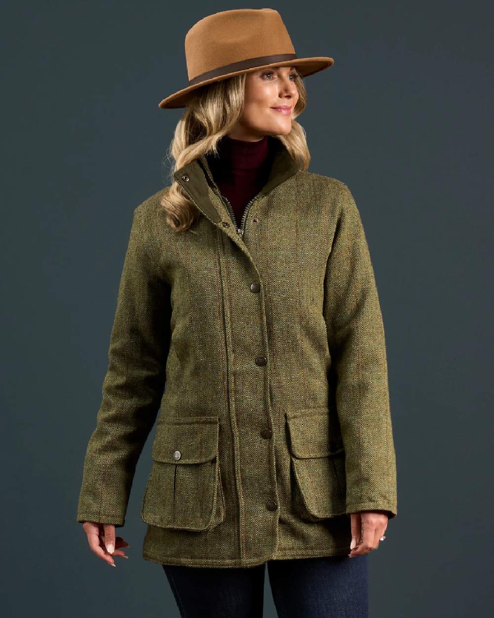 Hemp coloured Alan Paine Rutland Ladies Waterproof Tweed Jacket on indoor background 