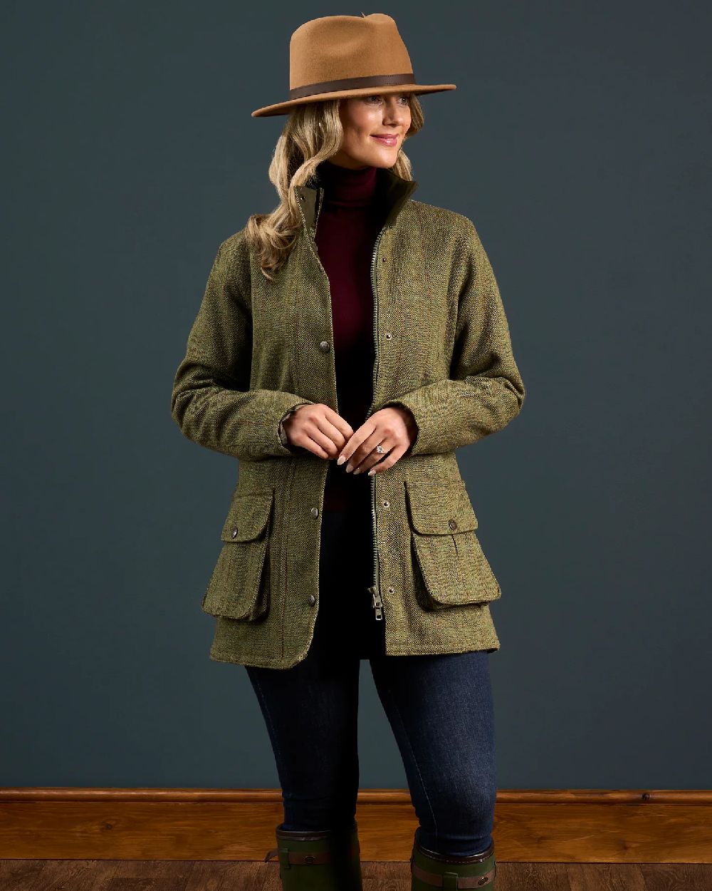 Hemp coloured Alan Paine Rutland Ladies Waterproof Tweed Jacket on indoor background 