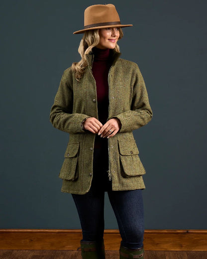 Hemp coloured Alan Paine Rutland Ladies Waterproof Tweed Jacket on indoor background 