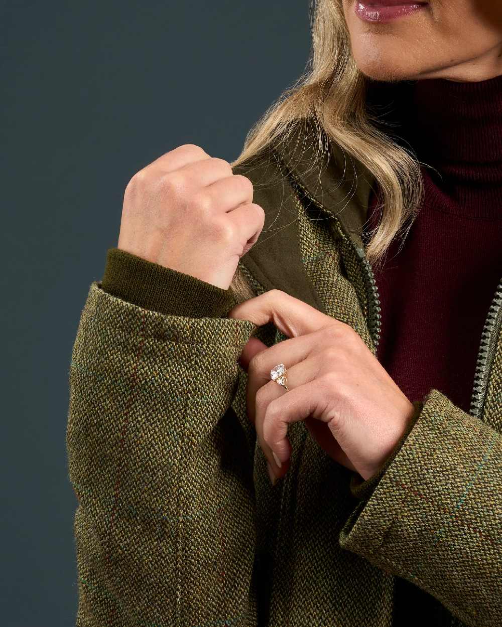 Hemp coloured Alan Paine Rutland Ladies Waterproof Tweed Jacket on indoor background 