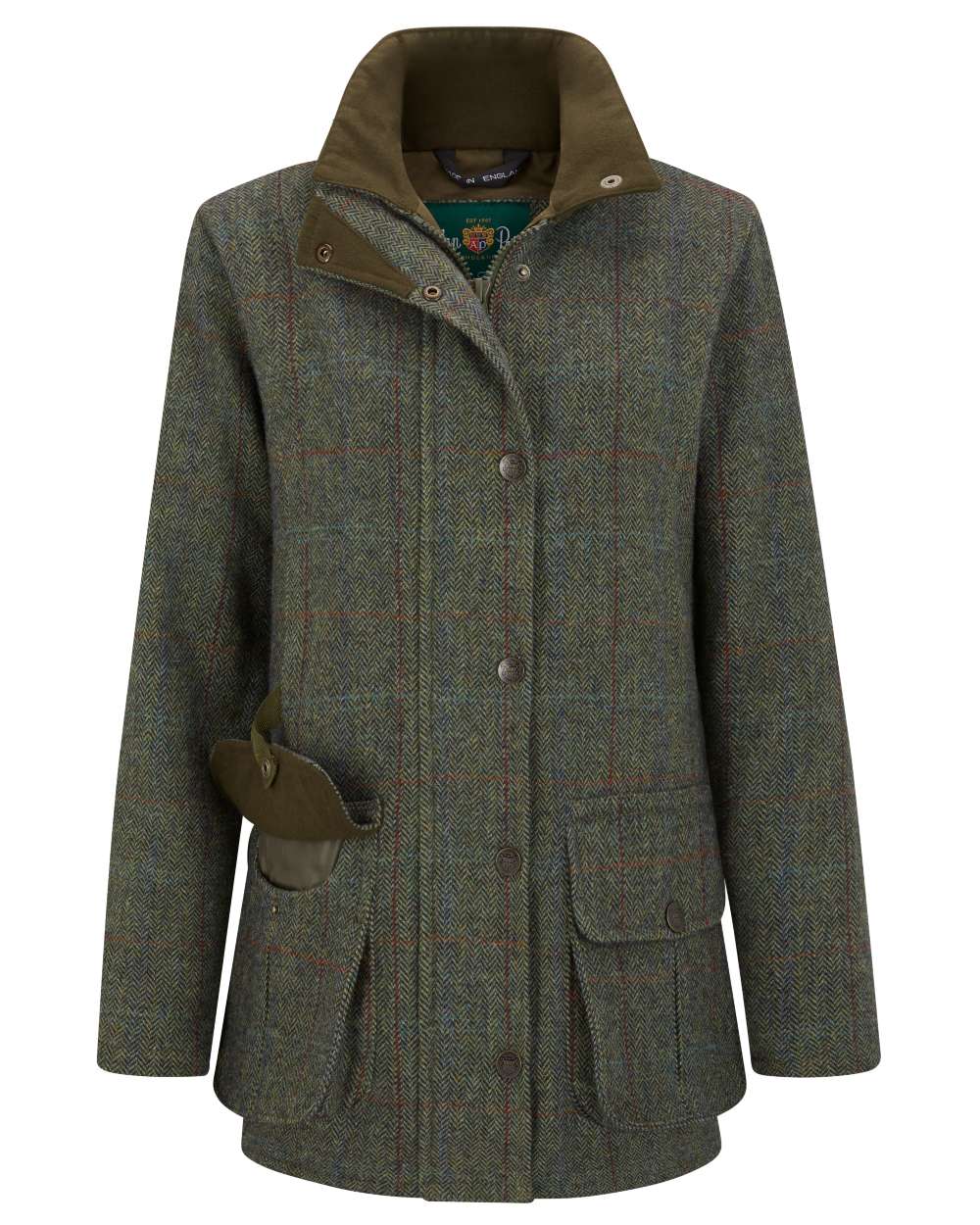 Juniper coloured Alan Paine Rutland Ladies Waterproof Tweed Jacket on white background 