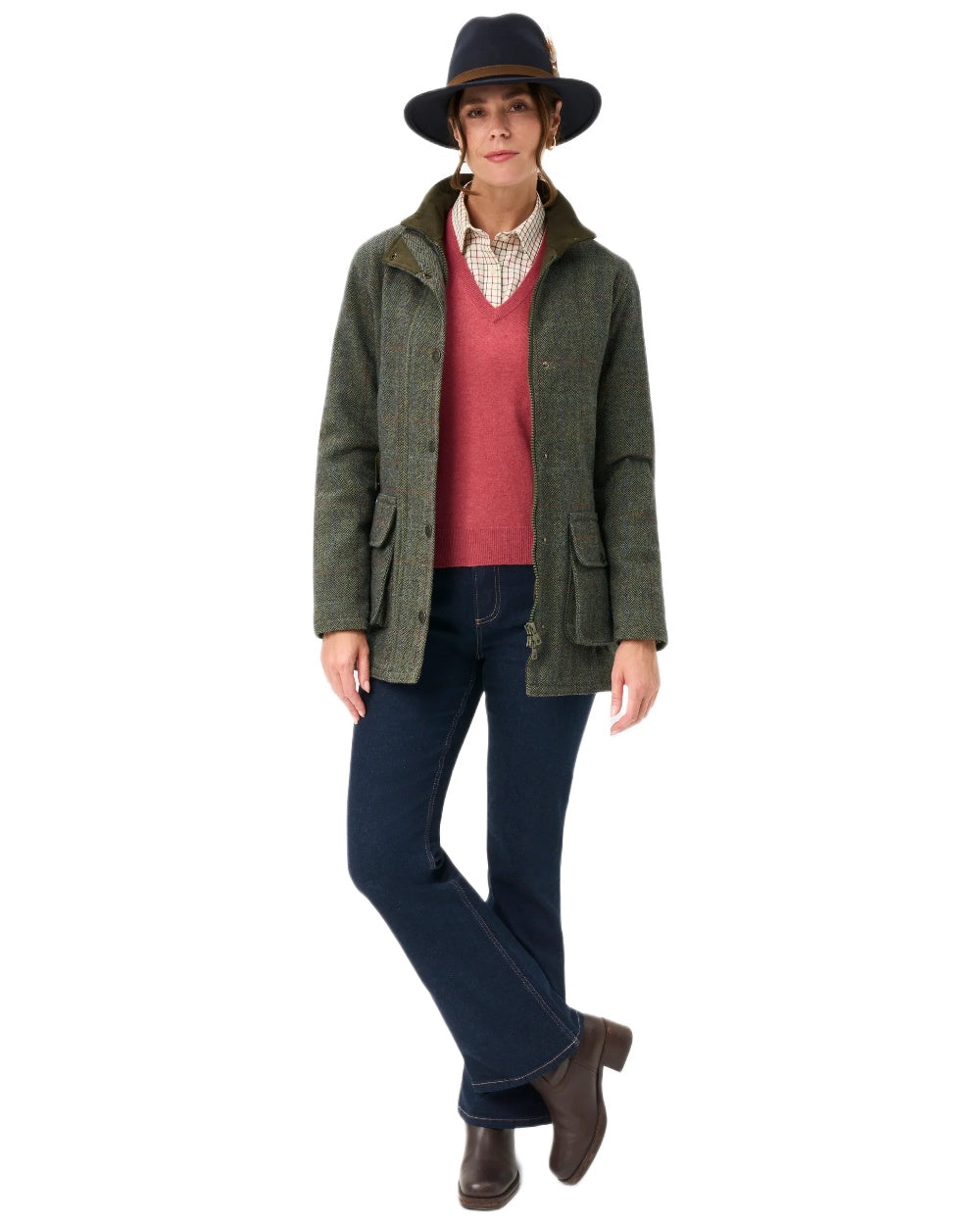 Juniper coloured Alan Paine Rutland Ladies Waterproof Tweed Jacket on white background 