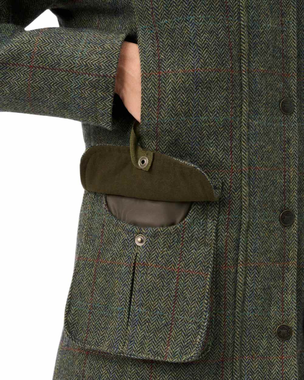 Juniper coloured Alan Paine Rutland Ladies Waterproof Tweed Jacket on white background 