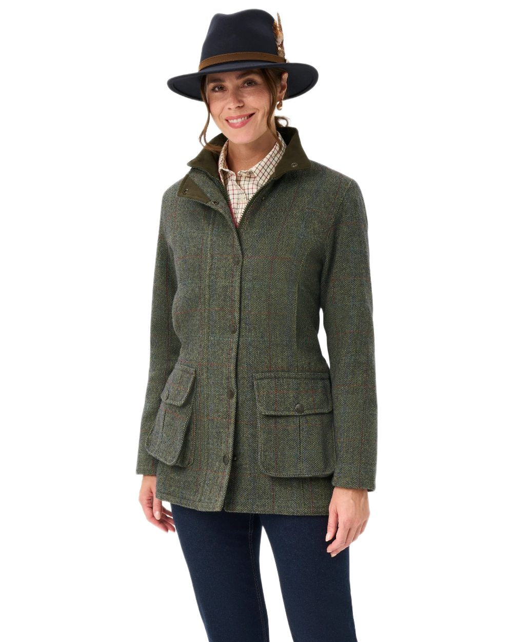 Juniper coloured Alan Paine Rutland Ladies Waterproof Tweed Jacket on white background 