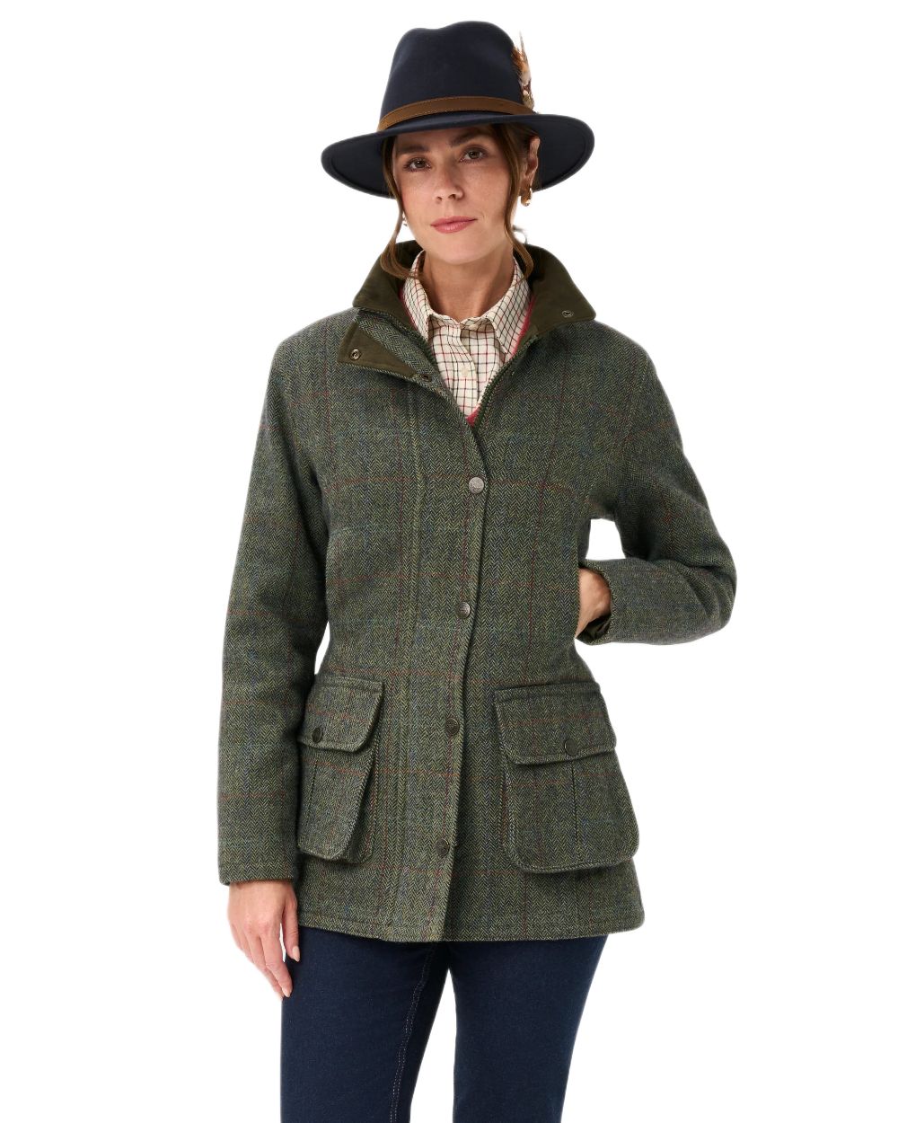 Juniper coloured Alan Paine Rutland Ladies Waterproof Tweed Jacket on white background 