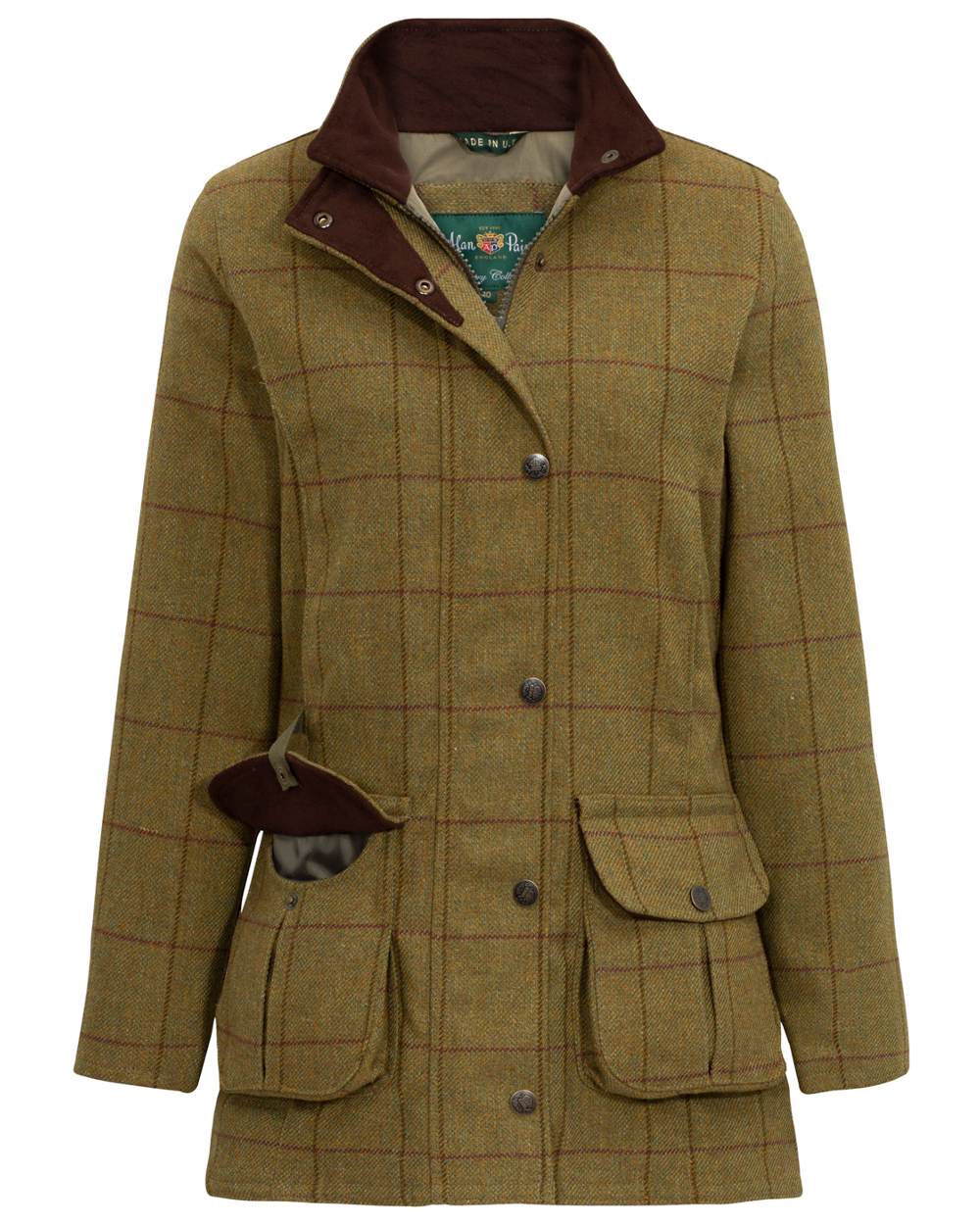 Lichen coloured Alan Paine Rutland Ladies Waterproof Tweed Jacket on white background 