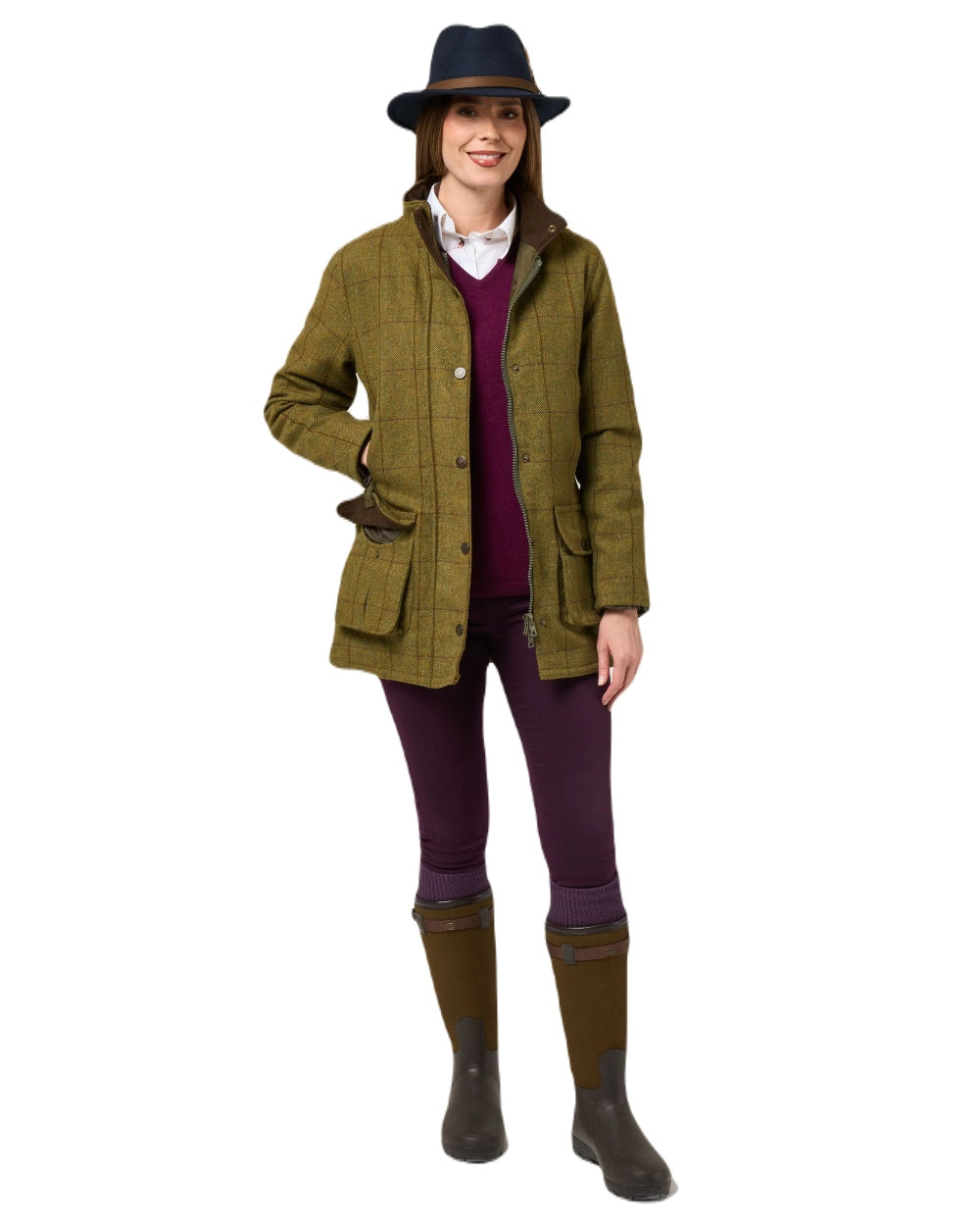 Lichen coloured Alan Paine Rutland Ladies Waterproof Tweed Jacket on white background 