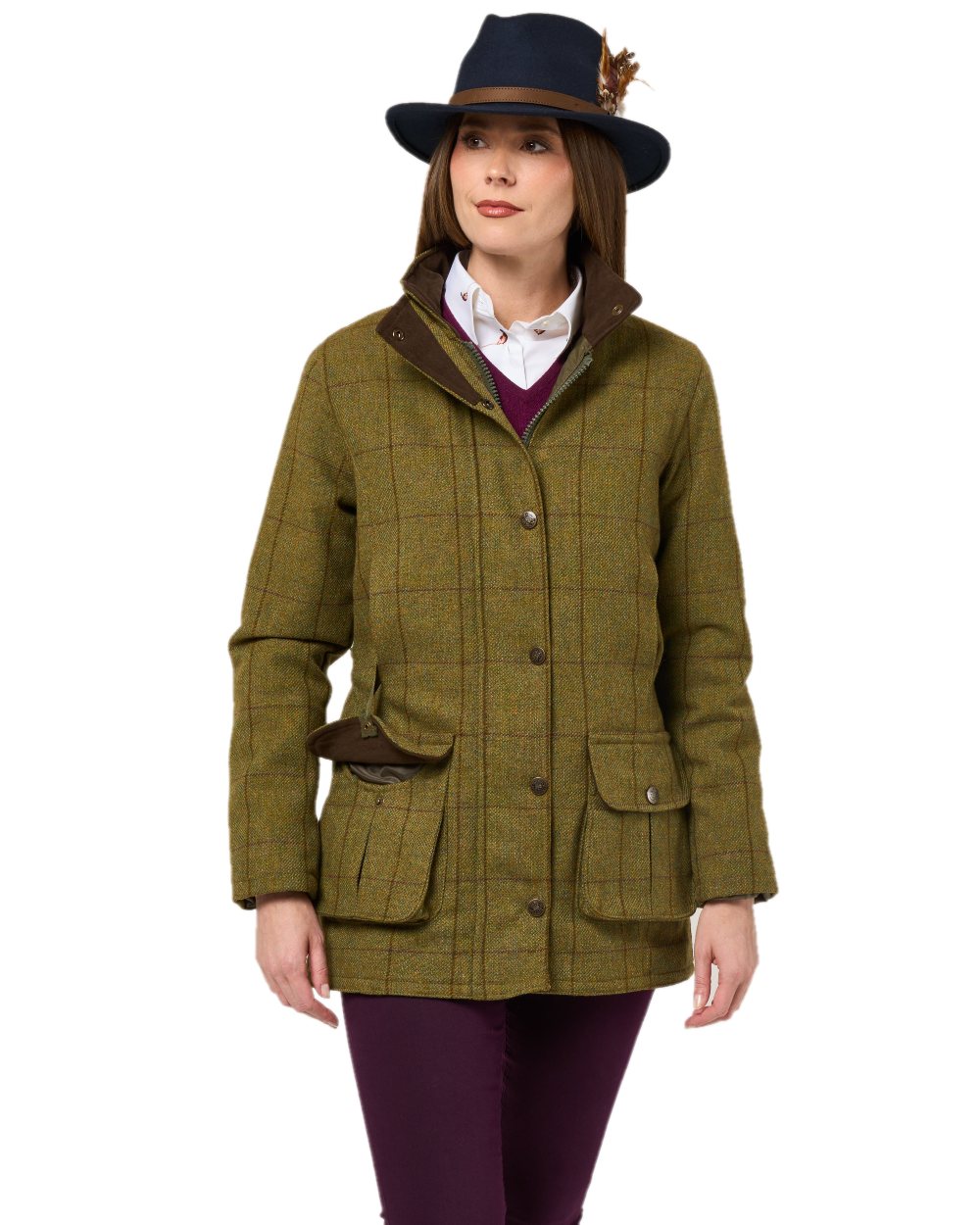 Lichen coloured Alan Paine Rutland Ladies Waterproof Tweed Jacket on white background 