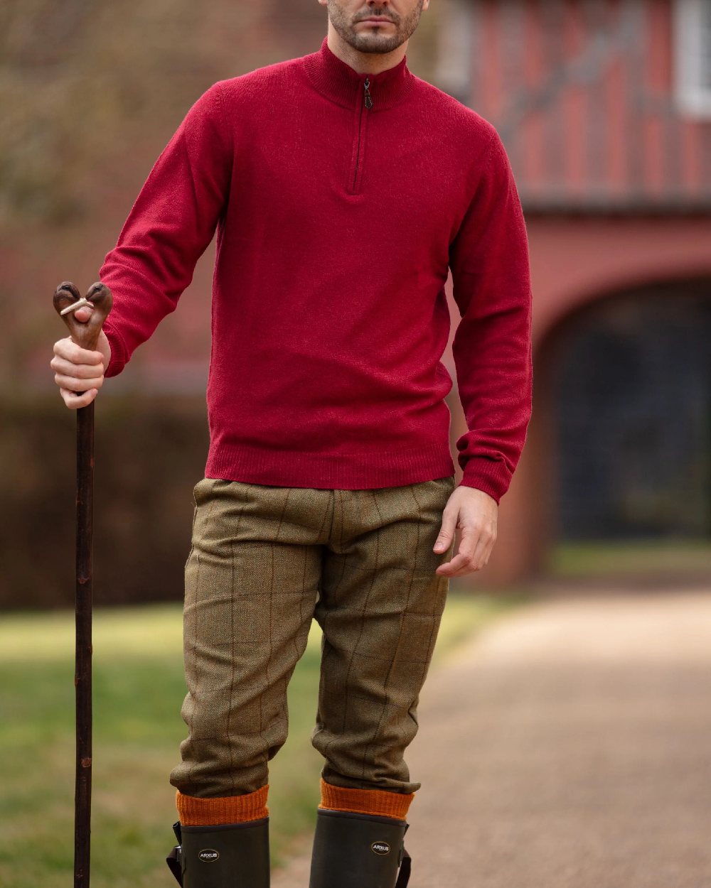 Lichen coloured Alan Paine Rutland Tweed Breeks on blurry background 