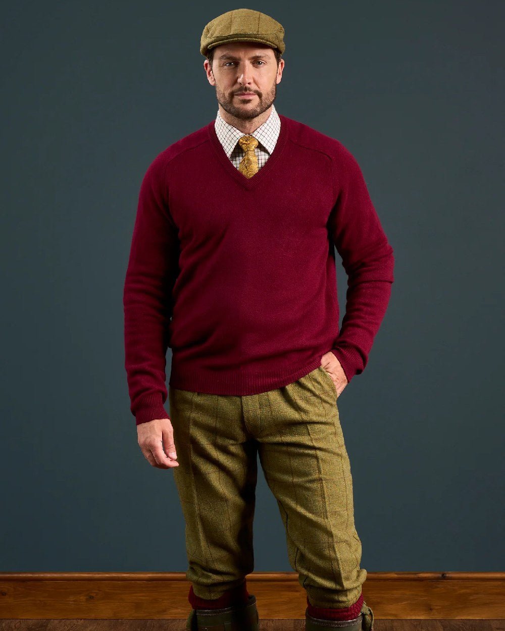 Lichen coloured Alan Paine Rutland Tweed Breeks on indoor background 