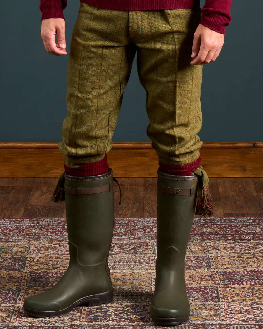Lichen coloured Alan Paine Rutland Tweed Breeks on indoor background 