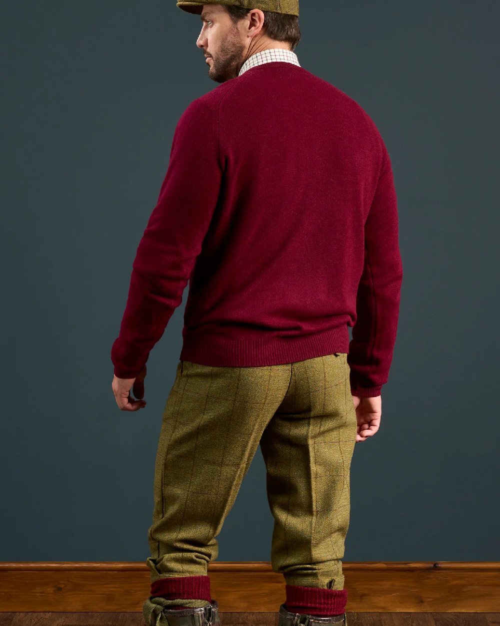 Lichen coloured Alan Paine Rutland Tweed Breeks on indoor background 