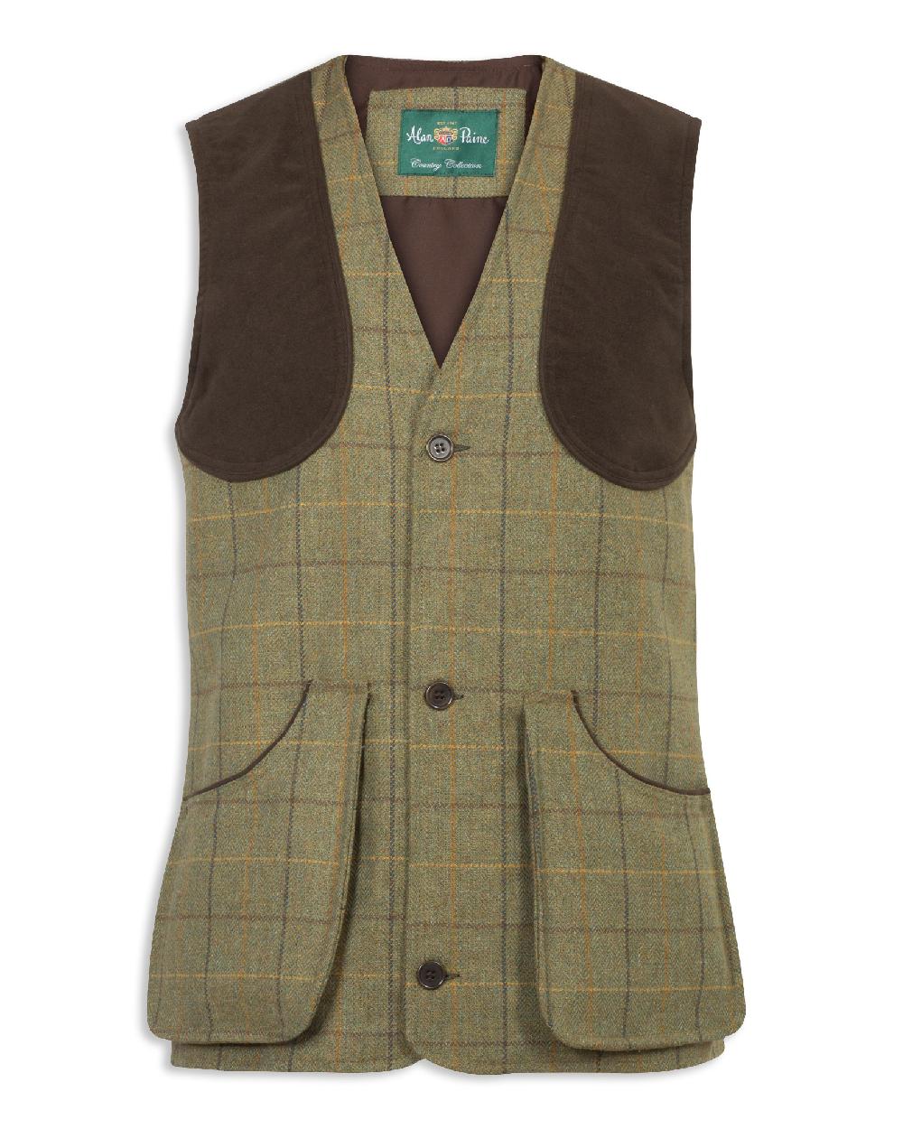 Dark Moss coloured Alan Paine Rutland Tweed Shooting Waistcoat on white background 