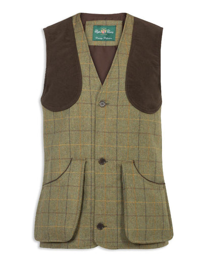 Dark Moss coloured Alan Paine Rutland Tweed Shooting Waistcoat on white background 