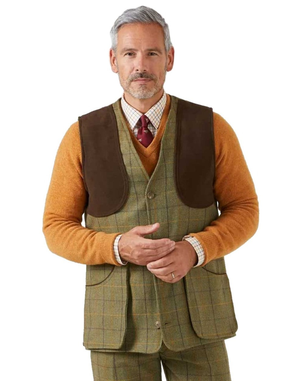Dark Moss coloured Alan Paine Rutland Tweed Shooting Waistcoat on white background 