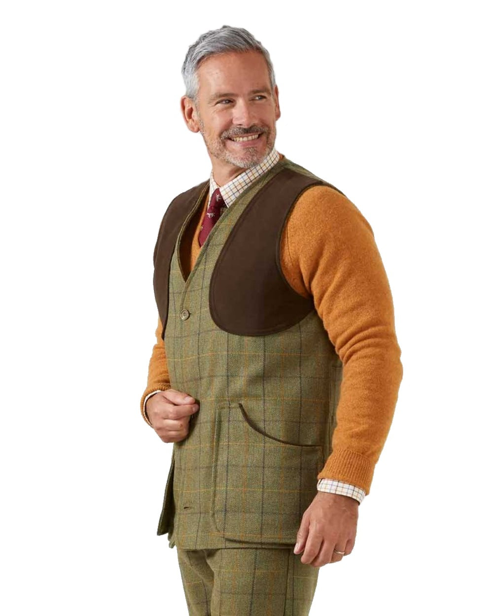 Dark Moss coloured Alan Paine Rutland Tweed Shooting Waistcoat on white background 