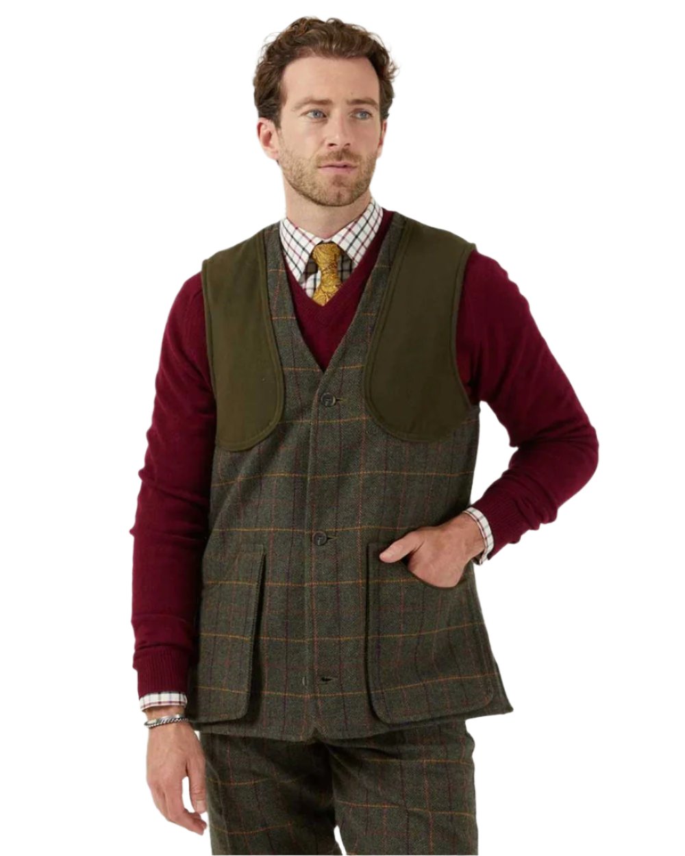 Fern coloured Alan Paine Rutland Tweed Shooting Waistcoat on white background 