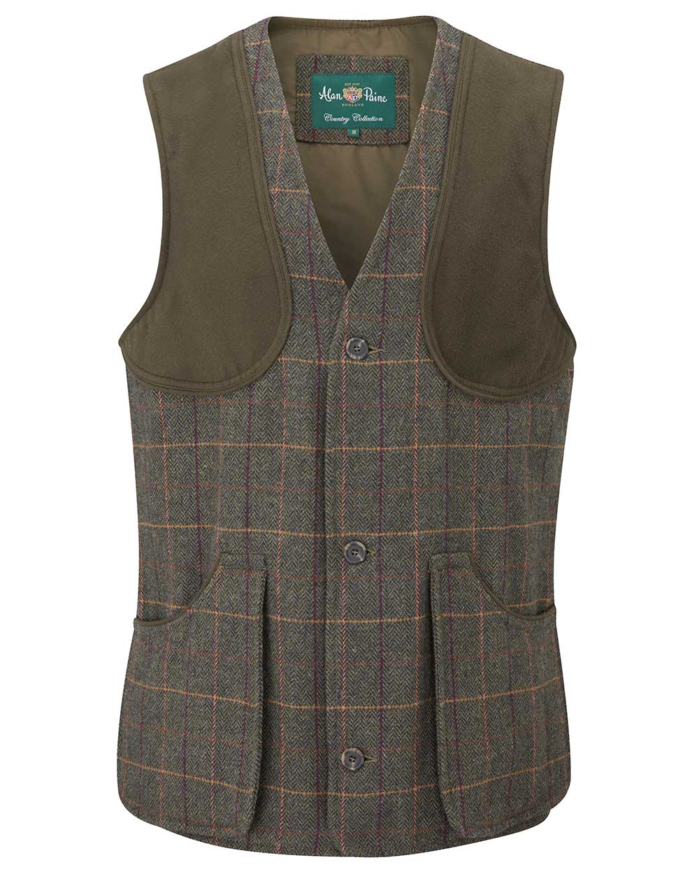 Fern coloured Alan Paine Rutland Tweed Shooting Waistcoat on white background 