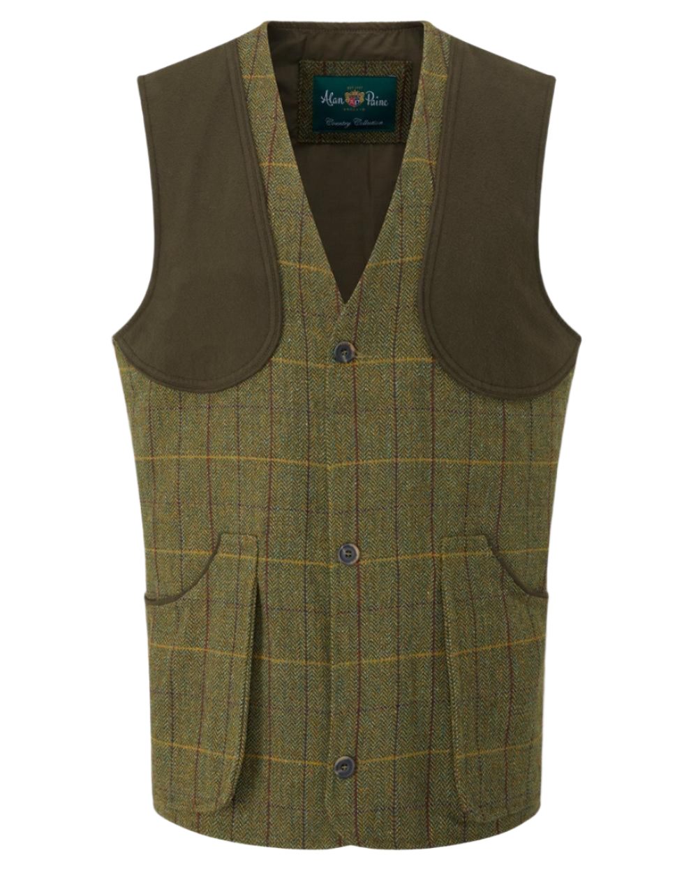 Green Ash coloured Alan Paine Rutland Tweed Shooting Waistcoat on white background 