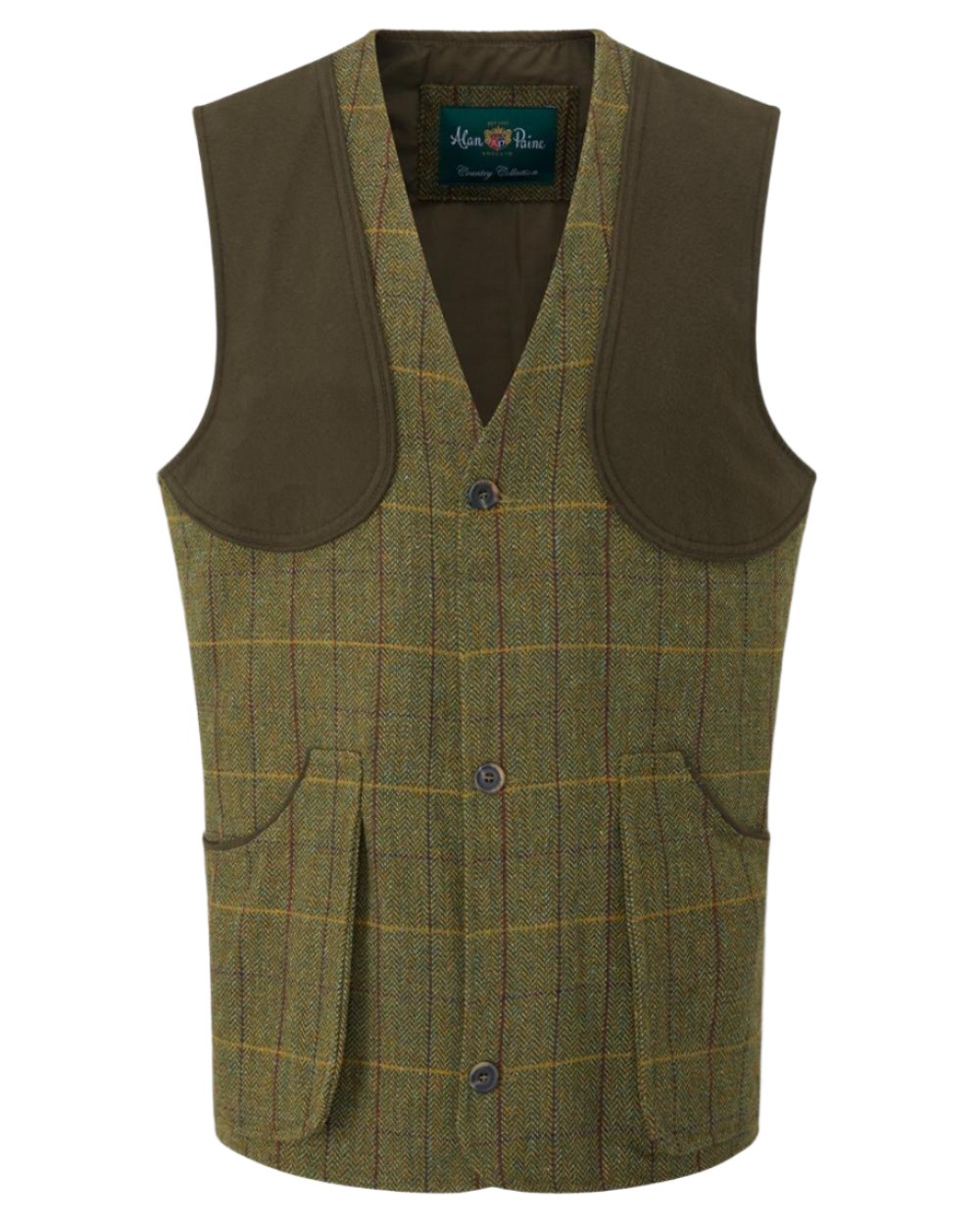 Green Ash coloured Alan Paine Rutland Tweed Shooting Waistcoat on white background 