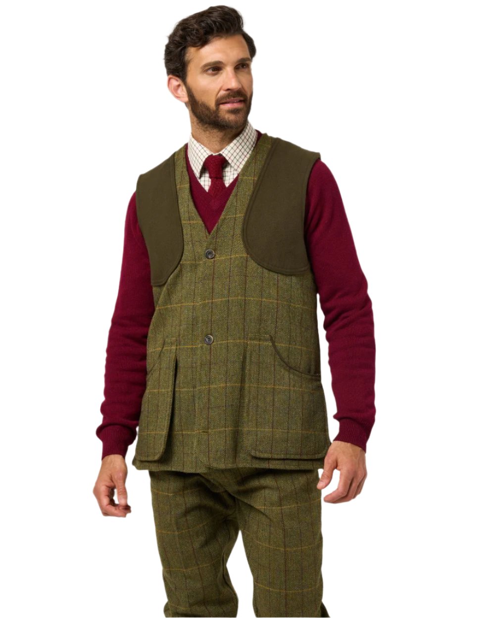 Green Ash coloured Alan Paine Rutland Tweed Shooting Waistcoat on white background 