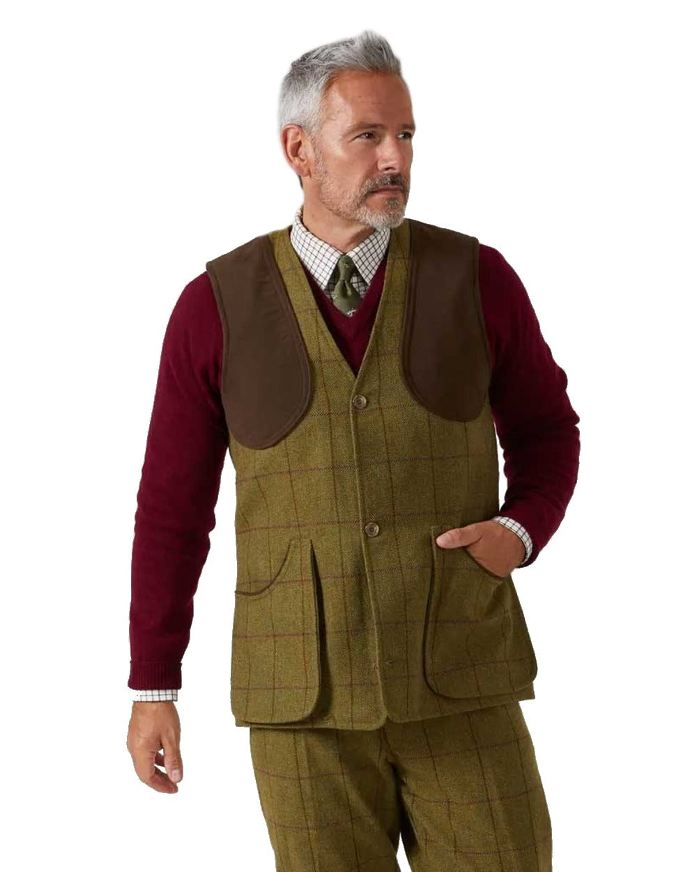 Lichen coloured Alan Paine Rutland Tweed Shooting Waistcoat on white background 