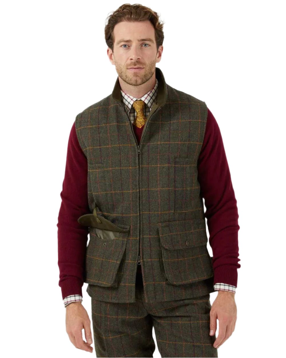 Fern coloured Alan Paine Rutland Tweed Waistcoat on white background 