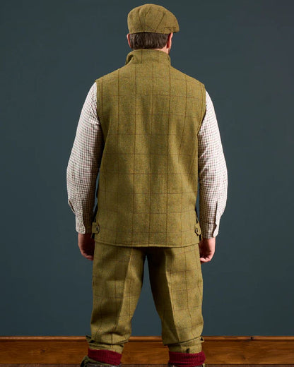 Lichen coloured Alan Paine Rutland Tweed Waistcoat on indoor background 