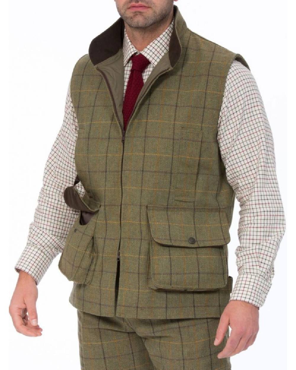 Dark Moss coloured Alan Paine Rutland Tweed Waistcoat on white background 