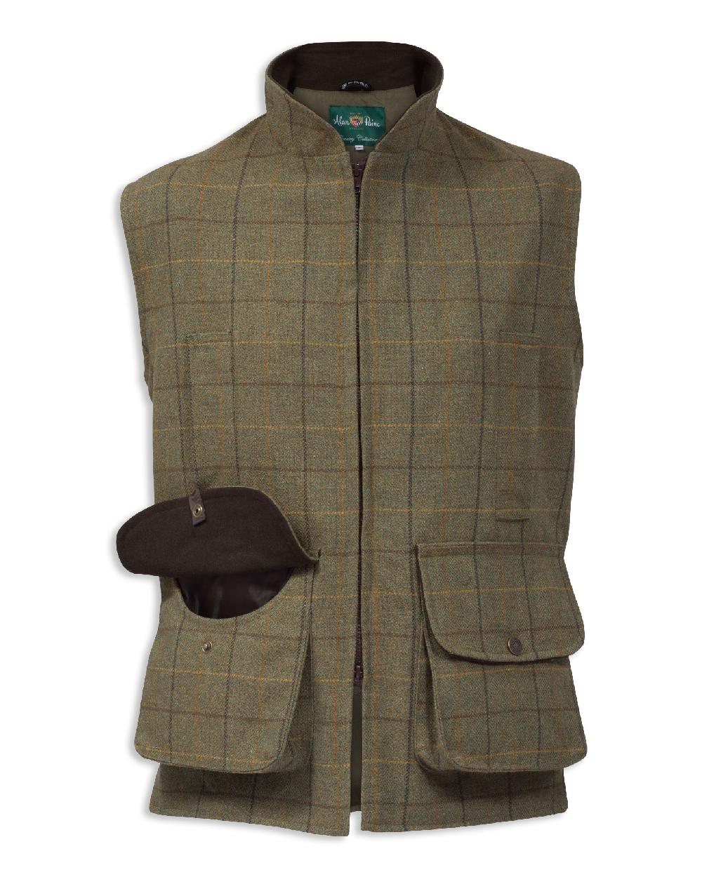 Dark Moss coloured Alan Paine Rutland Tweed Waistcoat on white background 