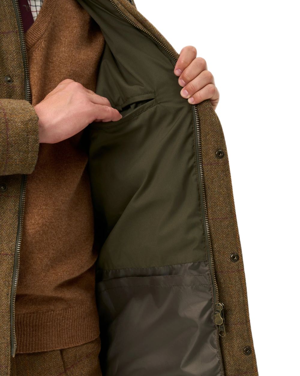 Birch coloured Alan Paine Rutland Waterproof Tweed Shooting Coat on white background 