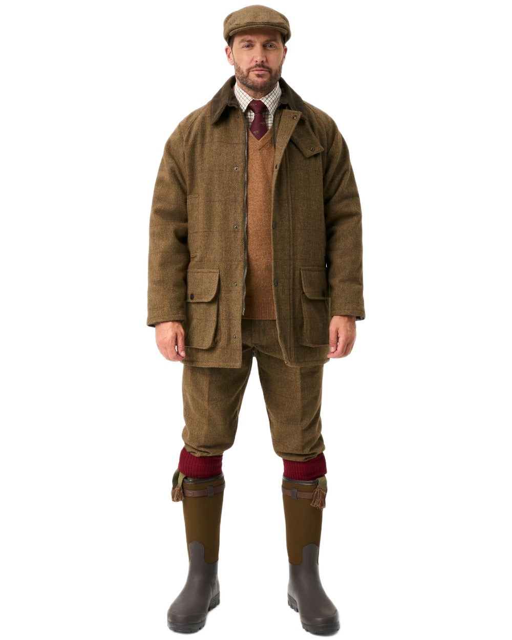 Birch coloured Alan Paine Rutland Waterproof Tweed Shooting Coat on white background 